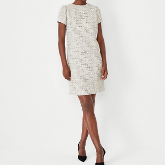 Ann Taylor Ivory Shimmer Tweed Shift Dress Size 4 - Picture 1 of 8